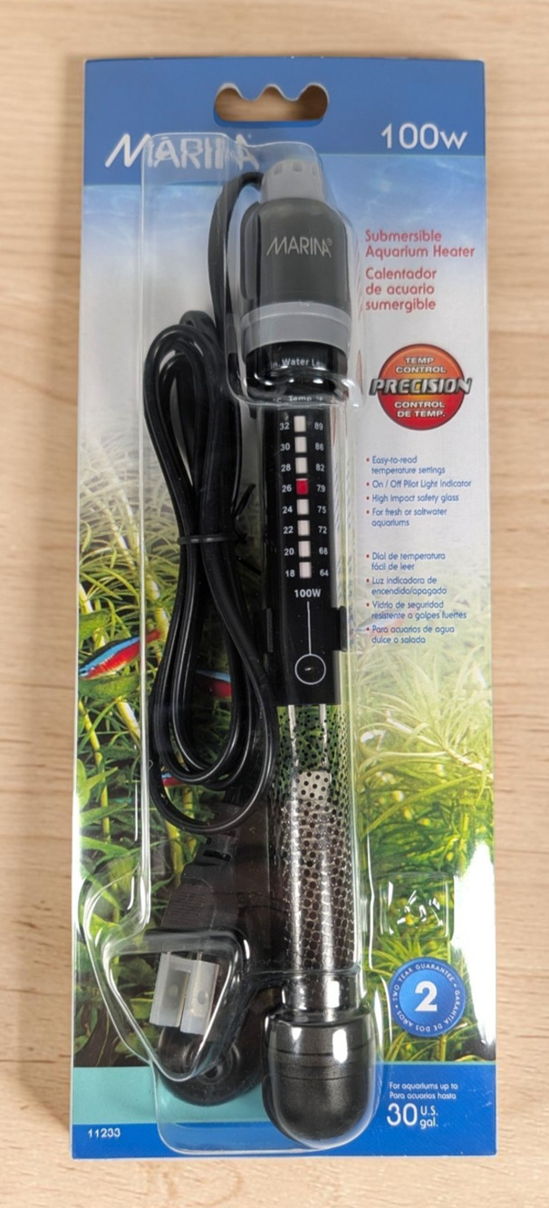 Marina 100W Submersible Aquarium Heater 11233 Fresh & Saltwater 30 Gal Fish Tank
